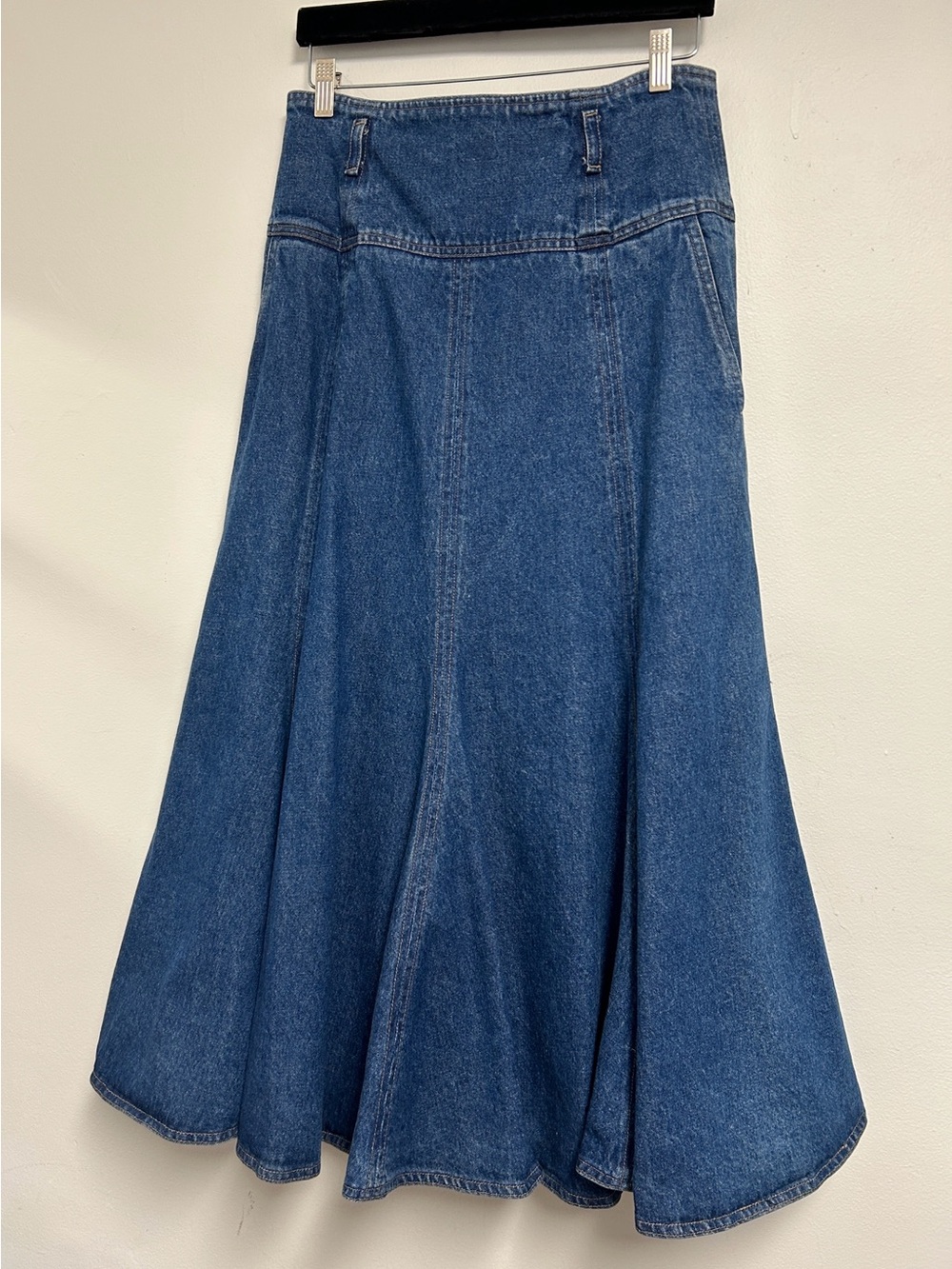 Lizwear Vintage USA 80s 90s Highwaisted Paneled Blue Denim Midi Skirt Womens 14